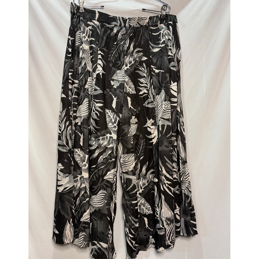 Collections Etc Tropical Leaf Print Wide Leg Pants Black White Cotton XL - Picture 3 of 6